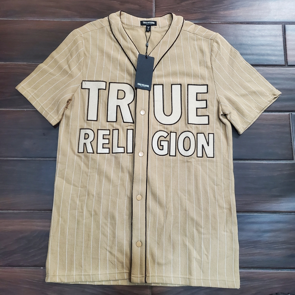 NEW True Religion Baseball Jersey Men's Small Snap Beige Short Sleeve $80 MSRP